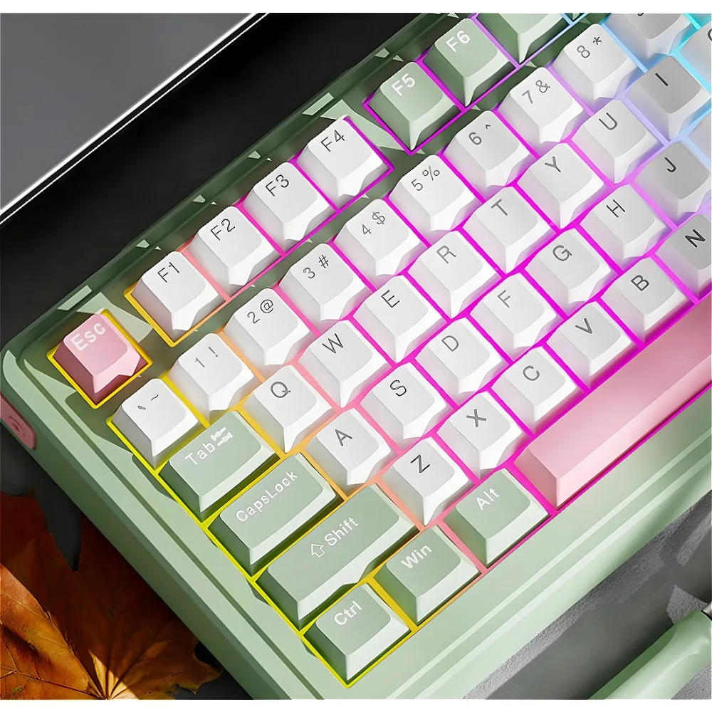 

Green and white powder OEM keycap set PBT small full set, lotus two-color theme, suitable for 61/87/104/108 mechanical keyboard