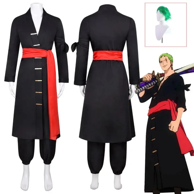 

Anime Cosplay Costumes Roronoa Zoro Black Cosplay Costumes Halloween Costumes Kimono Role Play Clothing Party Uniform Suit Wig