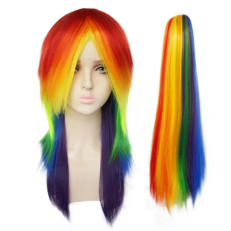 

qq023Радужный цвет Длинный вьющийся волнистый синтетический костюм для Хэллоуина в стиле Харадзюку Косплей Парик