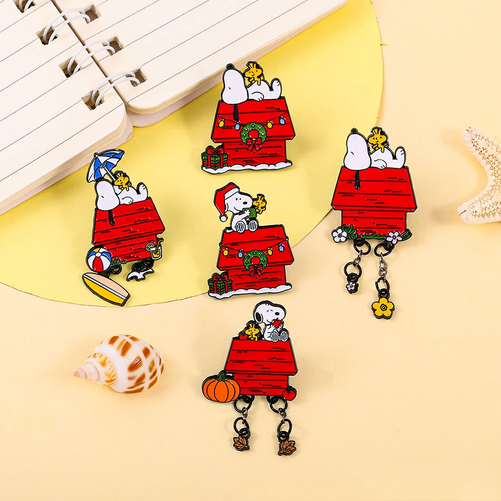 Cartoon Anime White Puppy Red House Christmas Series Enamel Brooch Badge Cute Creative Christmas Gift for Best Friends