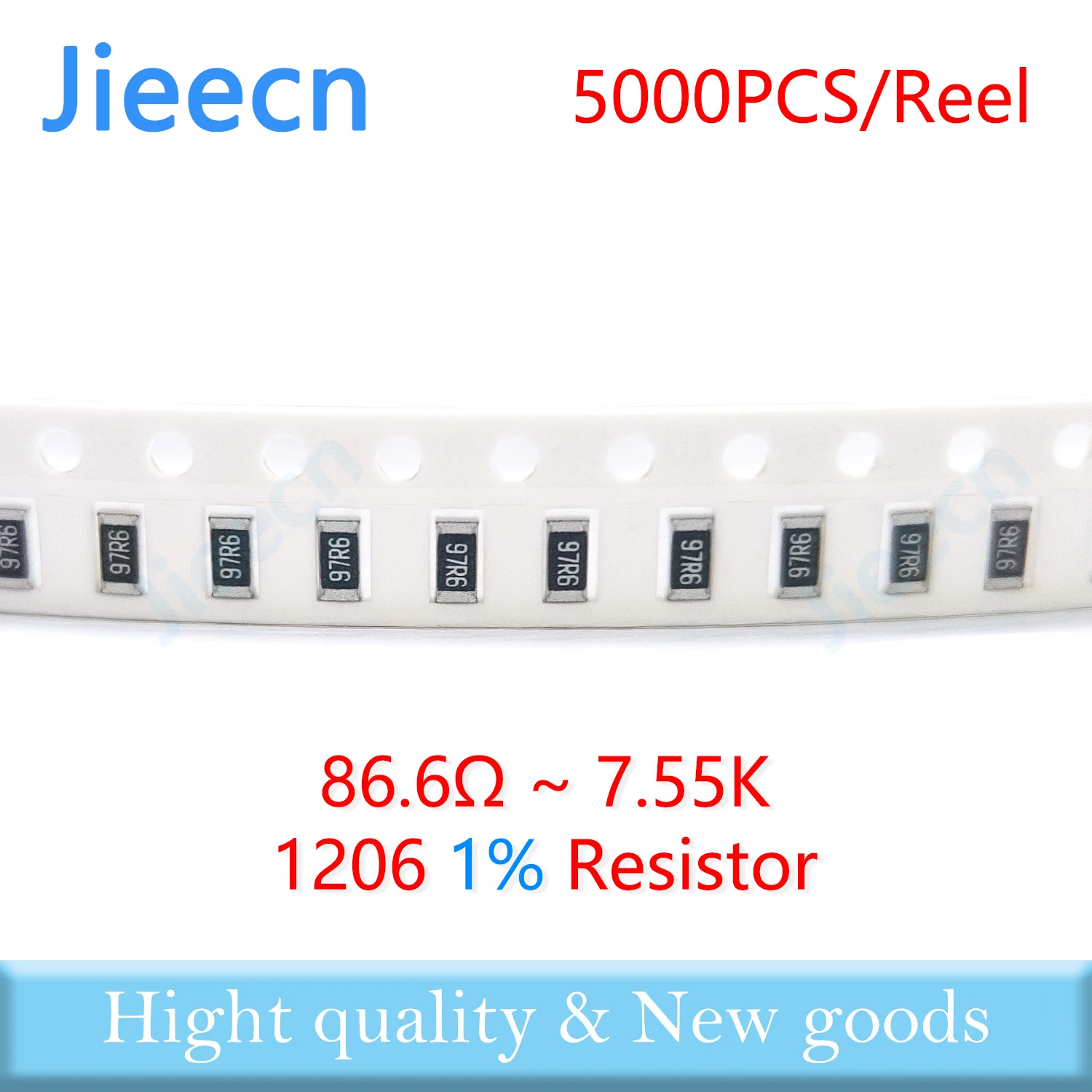 Jieecn-Résistance d'trading ent SMD, 5000 pièces, 1206 F, 1%, 6R-7.55K, 1/4W, 499R, 510R, 97.6R, 100R, 110R, 910R, 1K, 1.1K, 4.99K, 49.9K, 976R, 9.76K, ohm, 3216