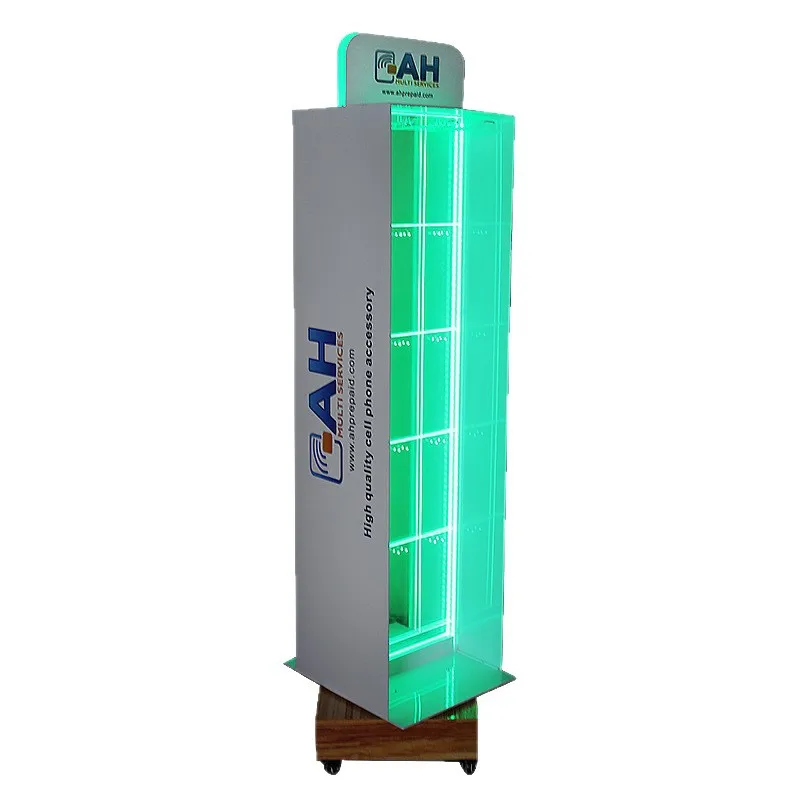 Acrylic display stand, four-sided floor pulley rotatable movable hole plate transformation colorful display cabinet with light