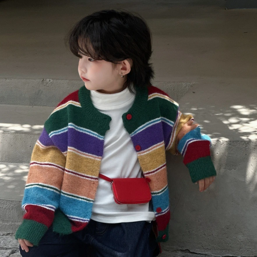 

Sweater 2025 Autumn and Winter New Children's Clothing Boys and Girls Fashion Retro Decoration Rainbow Stripe Knitted Cardigan