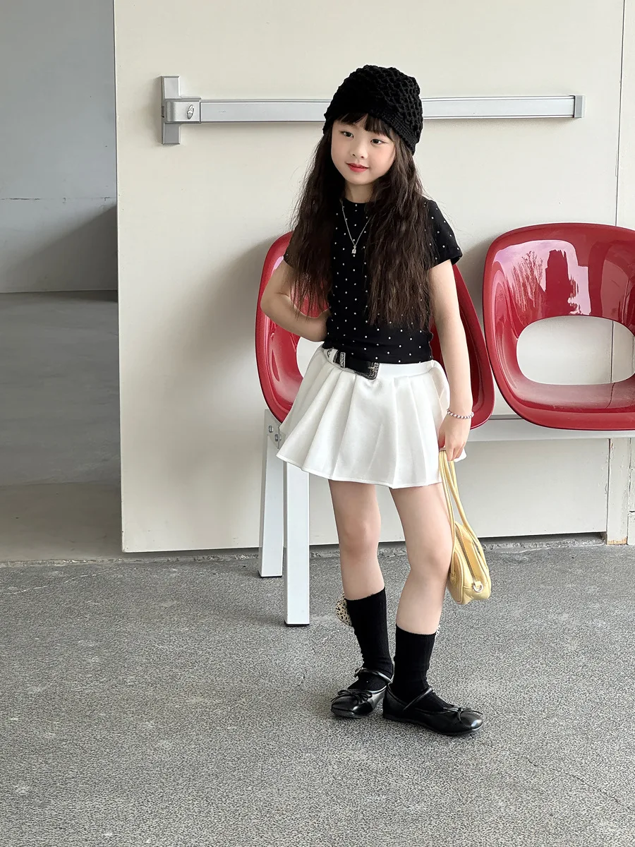 Girls' Summer Korean Hollowed Slim Fit Short Sleeved Polka Dot T-shirt Design Fashion and All-match Kids Top