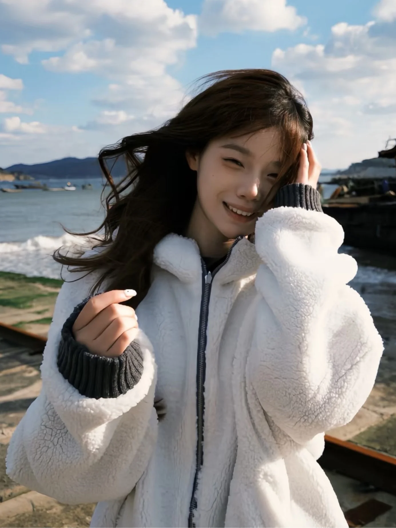 

Lamb Wool et For Woman Boyfriend Style Casual Long Button Detail Embroidery Plaid Cargo Short Bomber College Suede Element