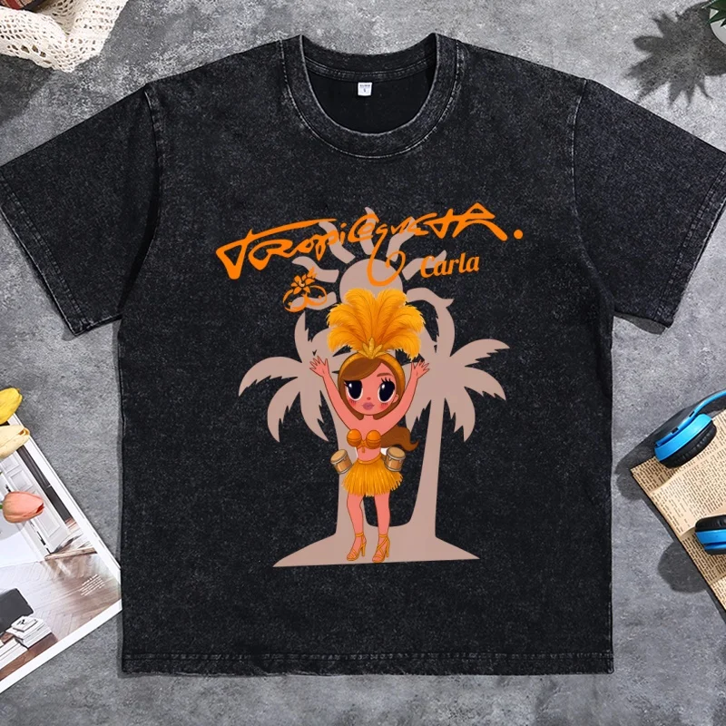 Tropicoqueta T Shirt Karol G Latina Women T-shirt Casual Round Neck Printed Cotton Short Sleeve Tshirts Vintagw Washed Oversized