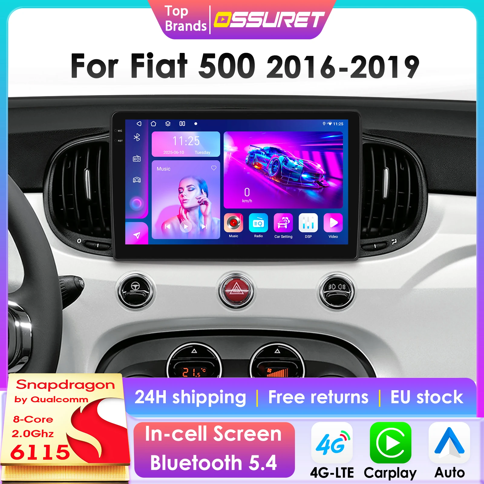 Draadloze CarPlay Android Auto autoradio voor Fiat 500 2016 2017 2018 2019 GPS intelligente systemen stereo multimedia autoradio 4G - afbeelding 2