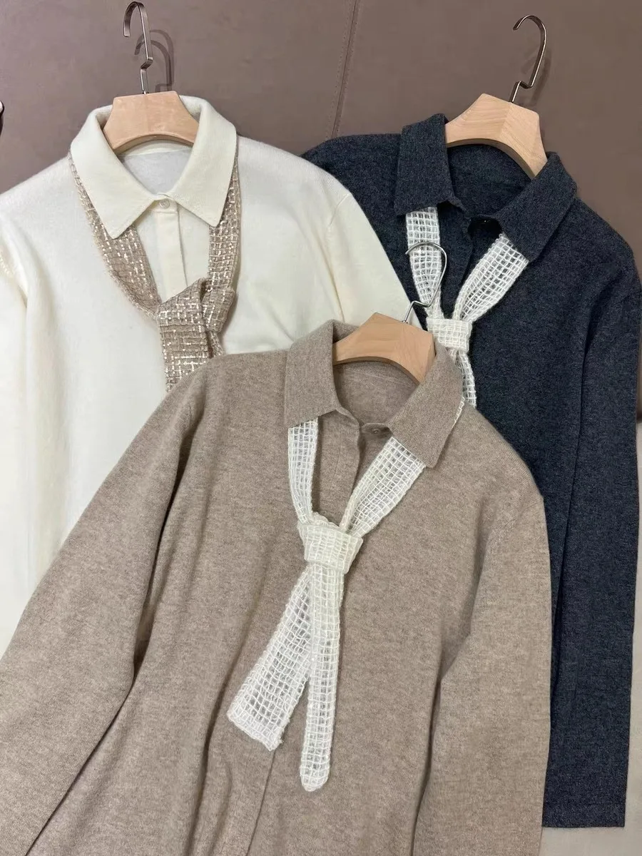 Pure Cashmere Knitted Shirt, Exclusive Decorated, Long Sleeve