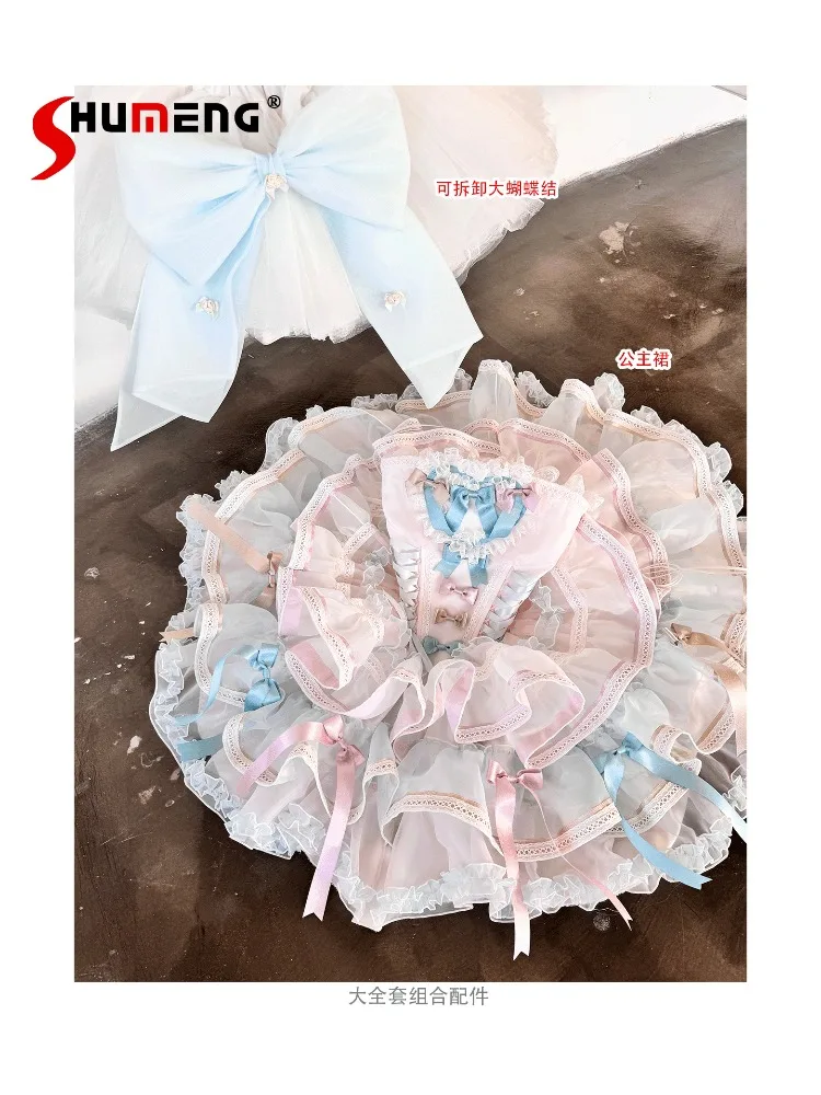 

Sweet Princess Socialite Birthday Party Dress Heart Ribbon Bow Sleeveless Off Shoulder High Waist Fluffy Lolita Mini Dress Women