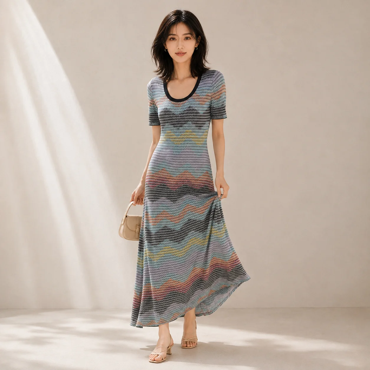Summer 2026 Colorblock O-neck Long Dress for Women Short Sleeve Striped Wavy Knits Slim Fitted Fashion Wear