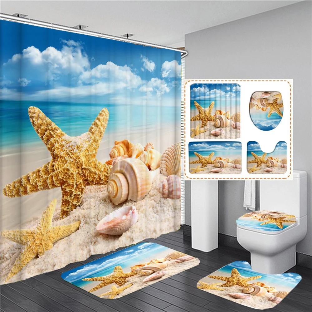 

Seashell Starfish Shower Curtain Set Polyester Fabric Beach Scenery Bathroom Decor Curtains With Hooks Bath Mat Rug Toilet Cover