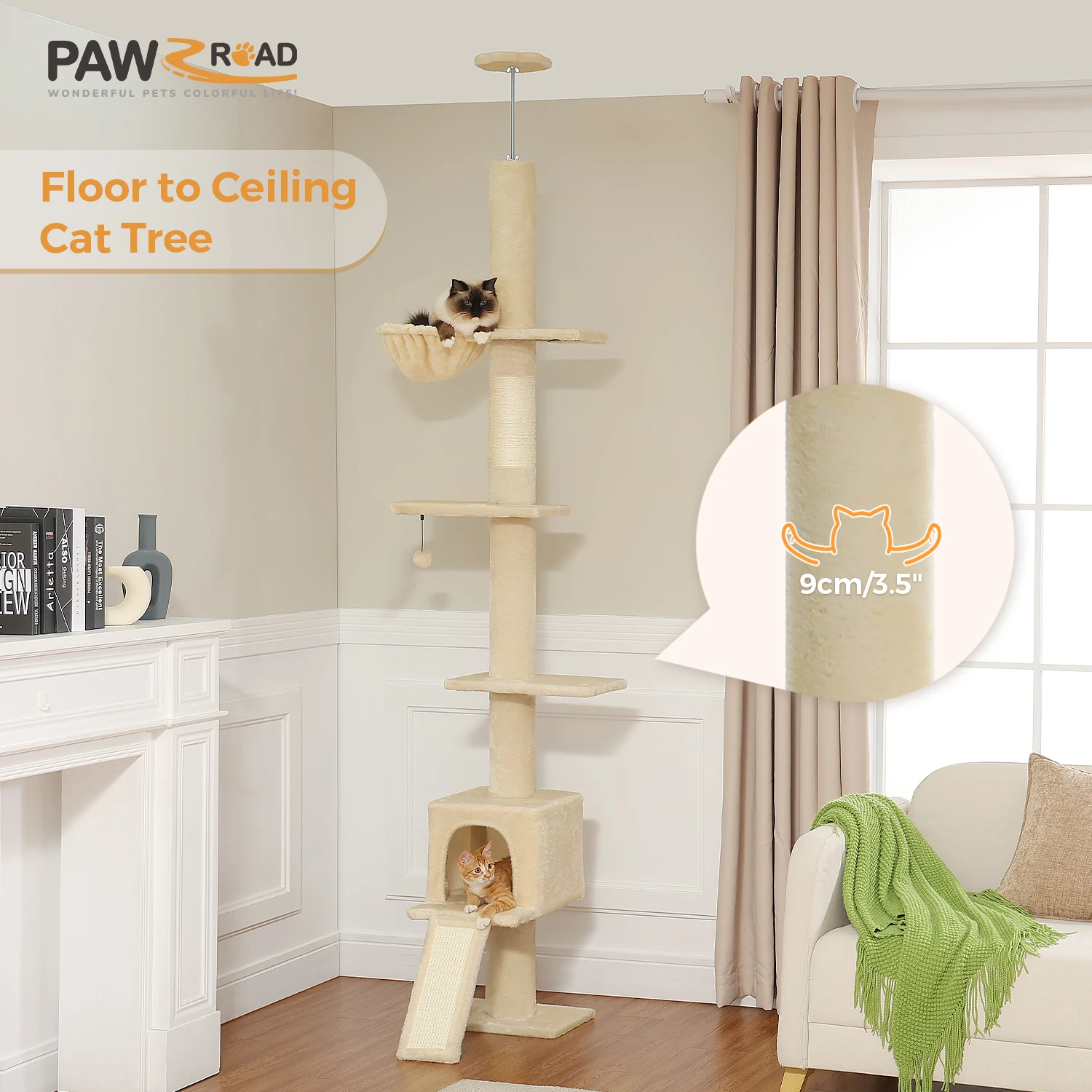 Modern Adjustable 210-274cm Cat Tree Tower Floor-to-Ceiling 5-Tier with Condo Perches Scratching Posts Ladders for Indoor Cats