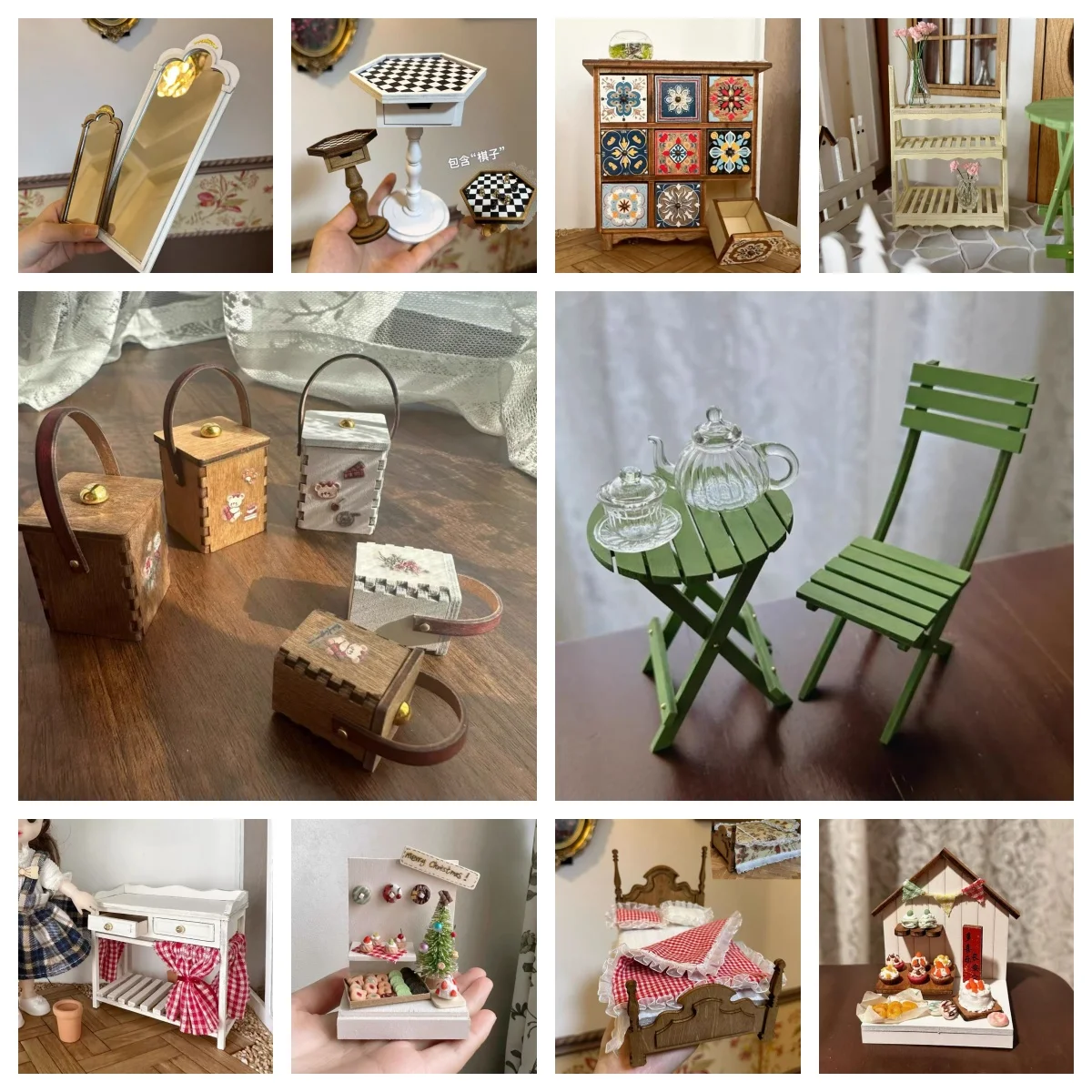 

1/6 Wooden Dollhouse Miniature Furniture Storage Cabinet Bed Mirror Floor Chess Table DIY Crafts 1/12 Xmas Pastry Display Bjd