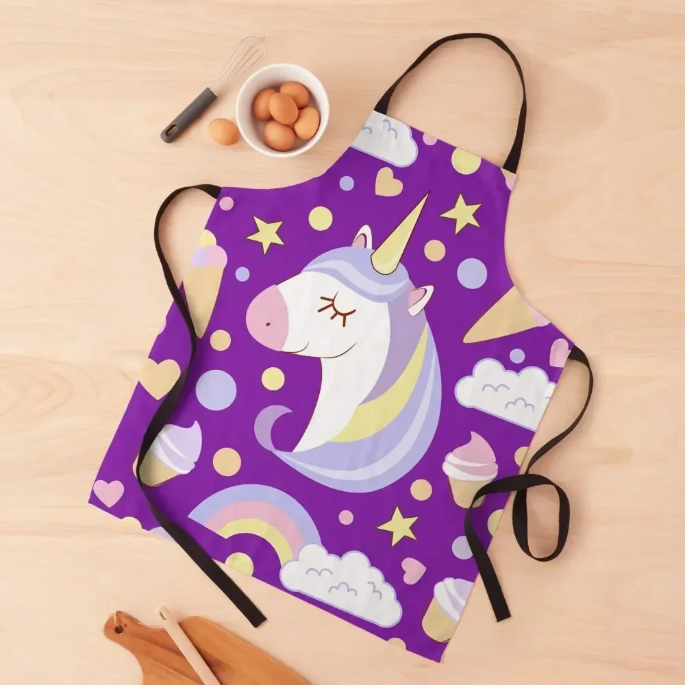 

Magic rainbow unicorn on purple background Apron Chef Uniform Women Home And Kitchen For Hairdresser Apron