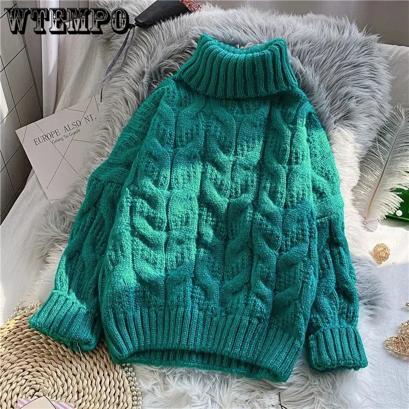 Turtleneck Sweater Thickened Loose Crochet Stripe Women Short Knit Pullover Warm Commuting KoreanFashion Autumn Winter Pull Long