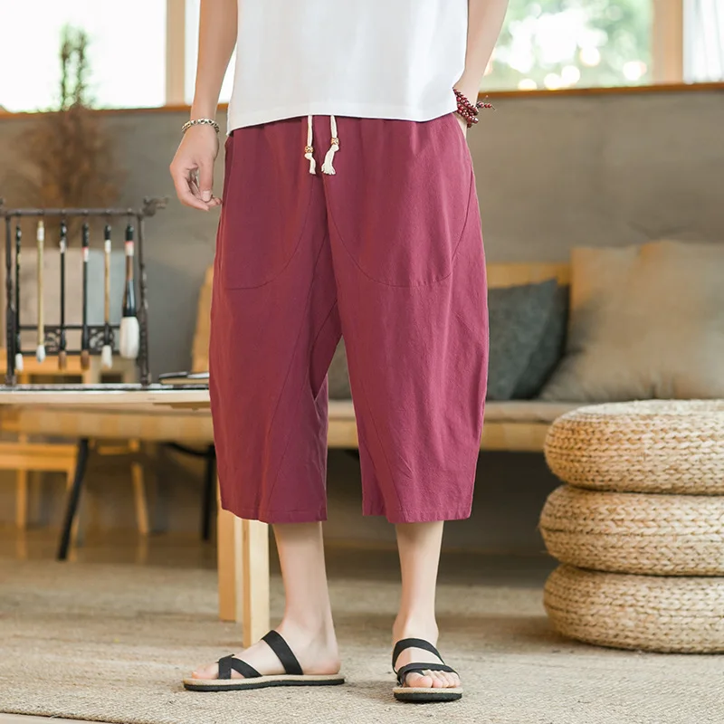 Zomer grote maat 3-punts broek heren strandbroek losse katoenen en linnen casual broek wijde pijpen 3-punts broek heren