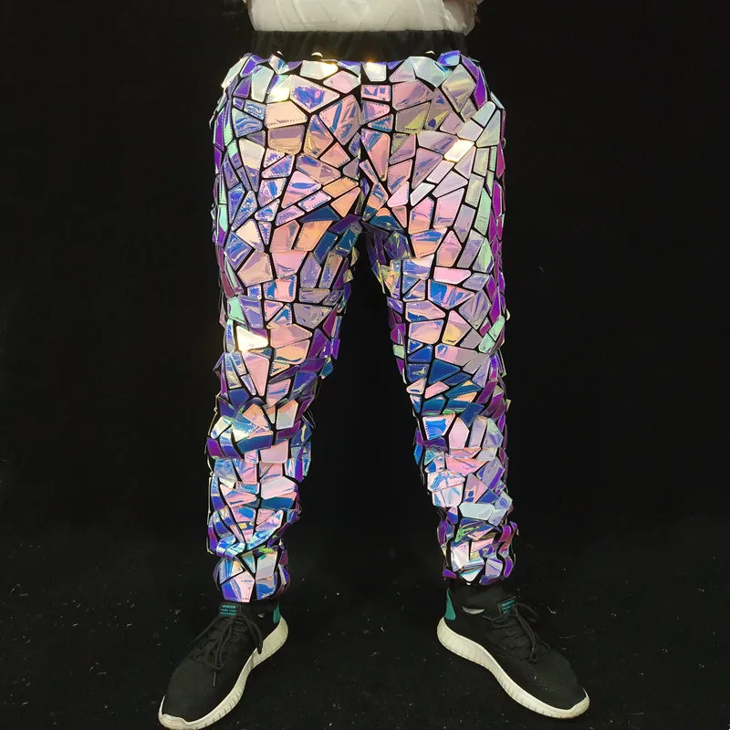 Bar Nightclub Male Purple Blue Laser Mirror Casual Pants Silver Sequins Trousers Hip Hop Dance Costume Party Show Stage Pants