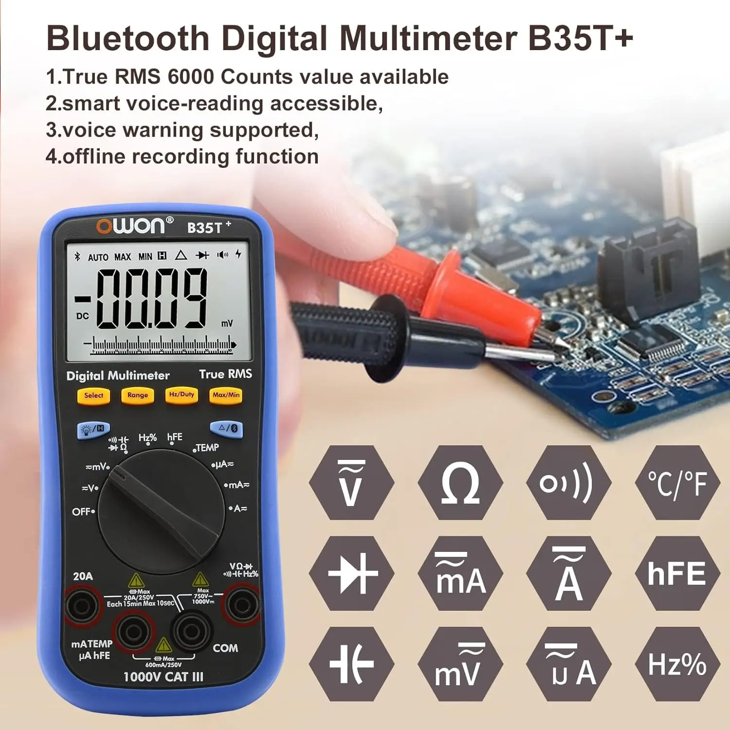 B35T+ Bluetooth Multimeter 6000 Count True RMS with App & Data Logging