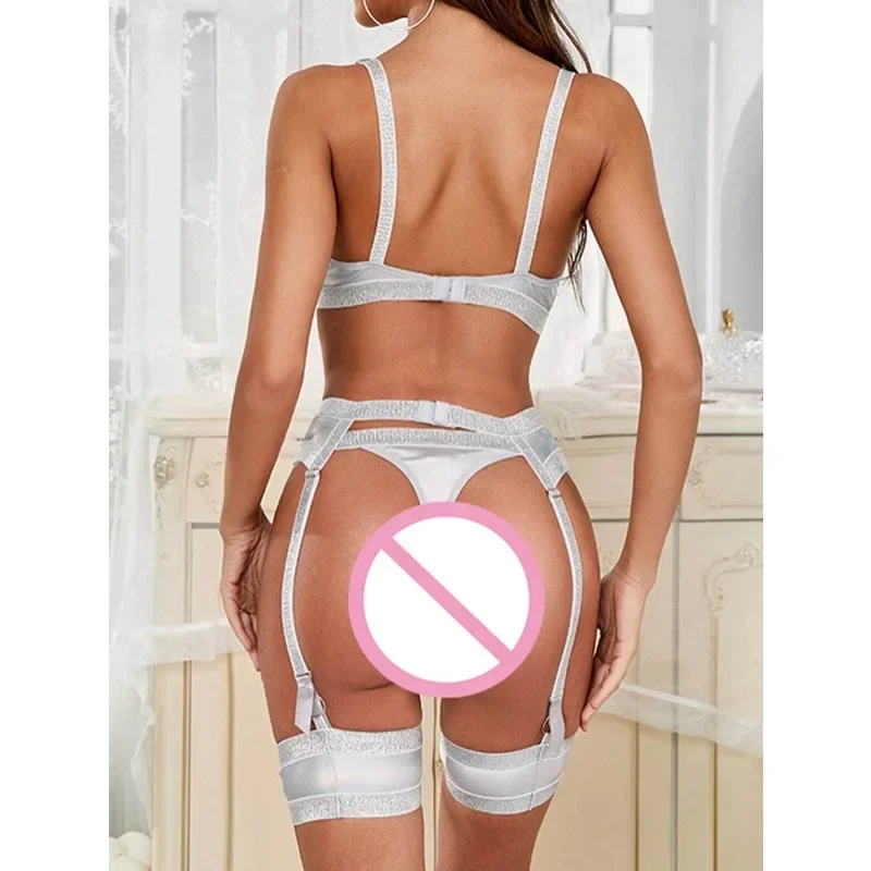 セクシーランジェリー 女性用 ナイトクラブ バー ポールダンスセット シルバーブラトップ 下着 パーティー レイブ衣装 ステージショー衣装 2025