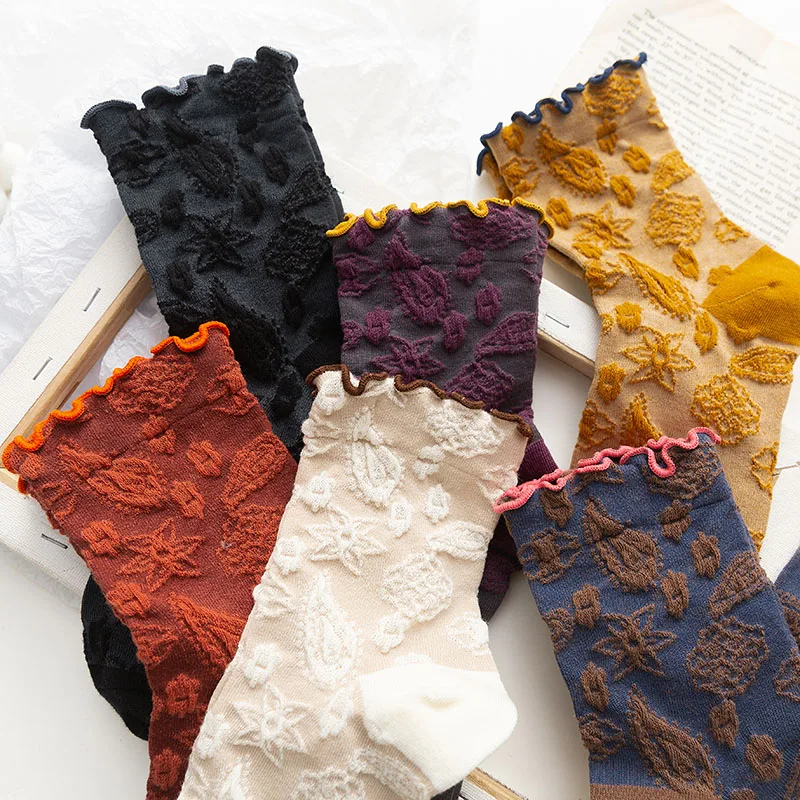 Lolita Ruffle Socks Women Floral Embossment Harajuku Vintage Cotton Long Socks Japanese Fashion Sweet Girls Kawaii Cute Socks