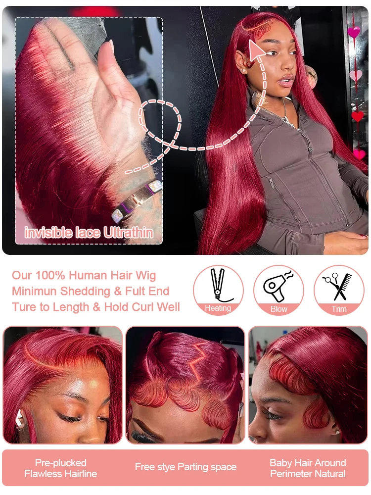 بورجوندي شفاف الدانتيل أمامي باروكة من شعر طبيعي 7x5 غلويليس الأحمر 99J مستقيم ملون 13x4 الدانتيل الجبهة خصلات الشعر المستعار الإنسان للنساء #5