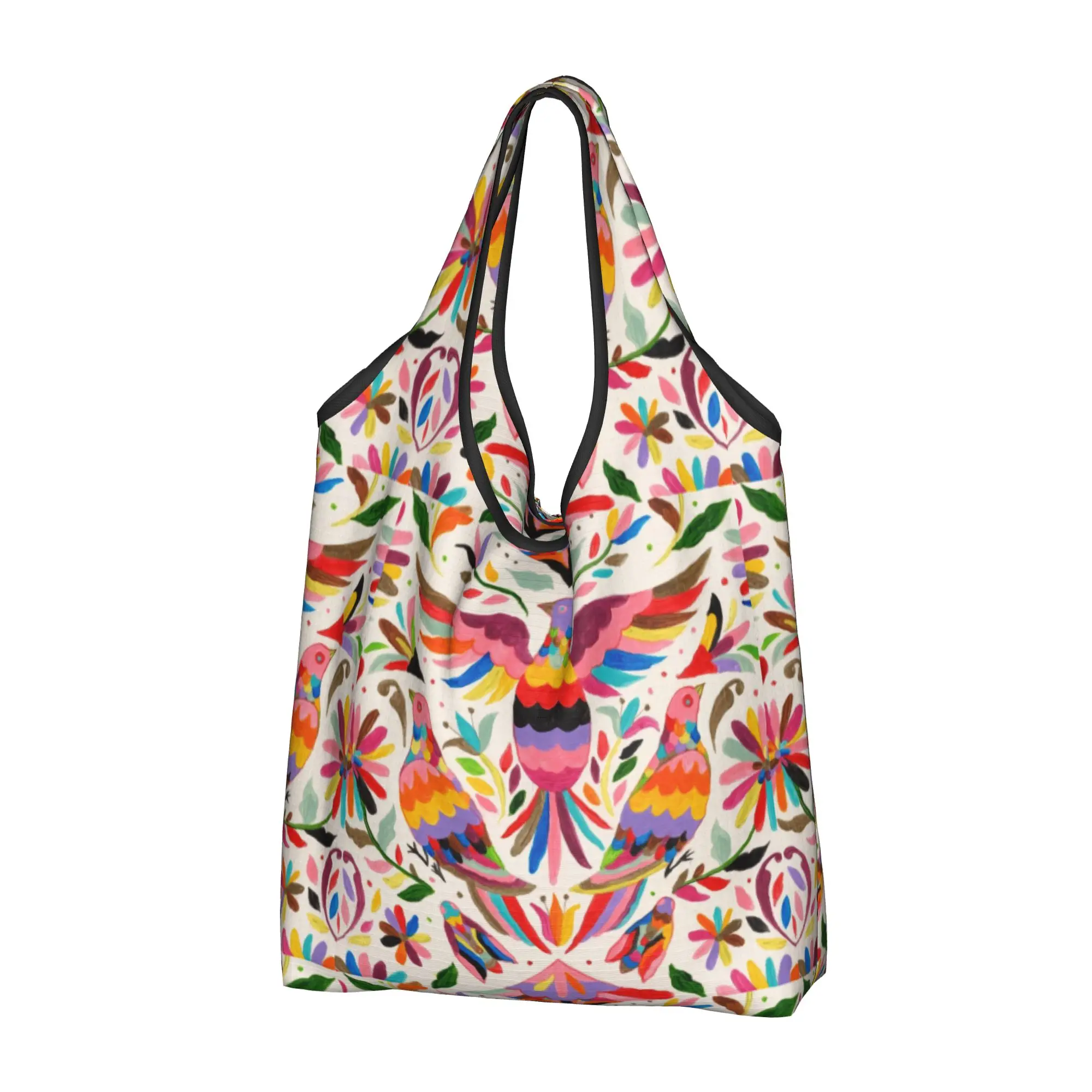Fashion Mexican Otomi Birds Texture Groceries Shopping Bag Cute Shopper Shoulder Tote Bag  Portable Folk Floral Art Handbag