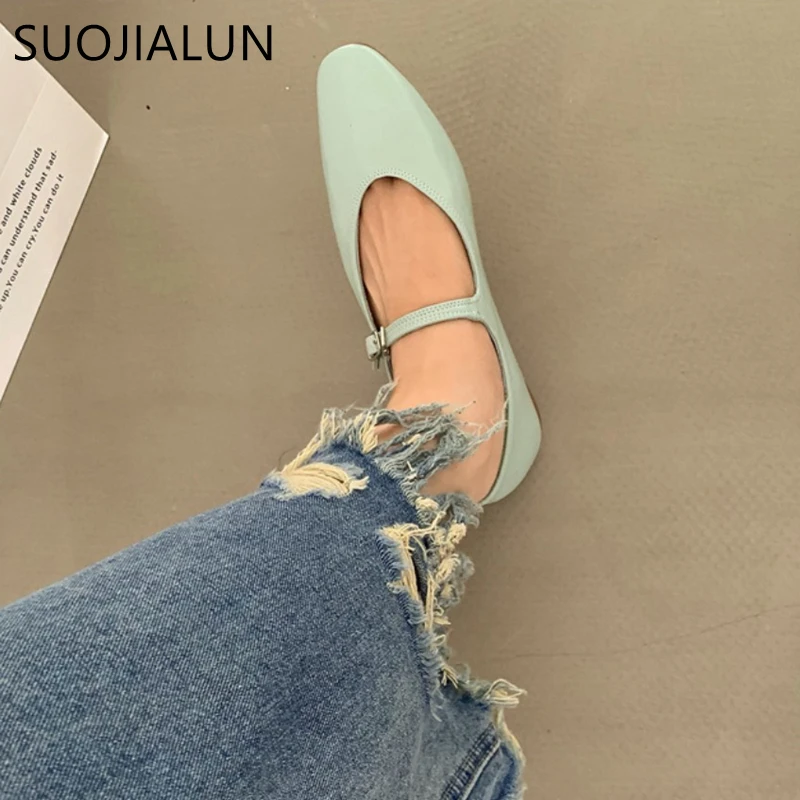 SUOJIALUN 2023 Summer New Women Flat Shoes Fashion Shallow Ladies Casual Soft Mary Jane Shoes Outdoor Dress Flat Ballet Shoes