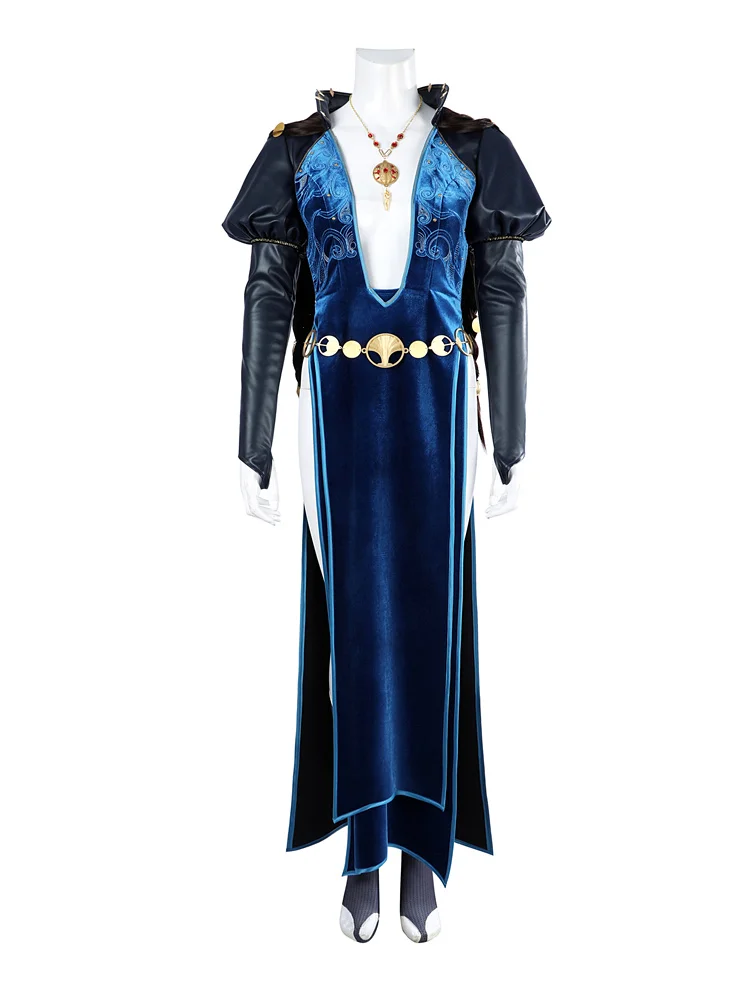 Game Mizora Cosplay Costume Women Sexy Blue Dress with Headgear Necklace Suit Halloween Carnival Outfit