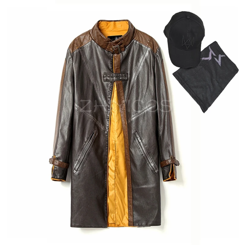 

Aiden Pearce Cosplay Costume PU Leather Jacket Aiden Pearce Wind Coat Windbreaker Hat Mask Halloween Costumes for Women/Men