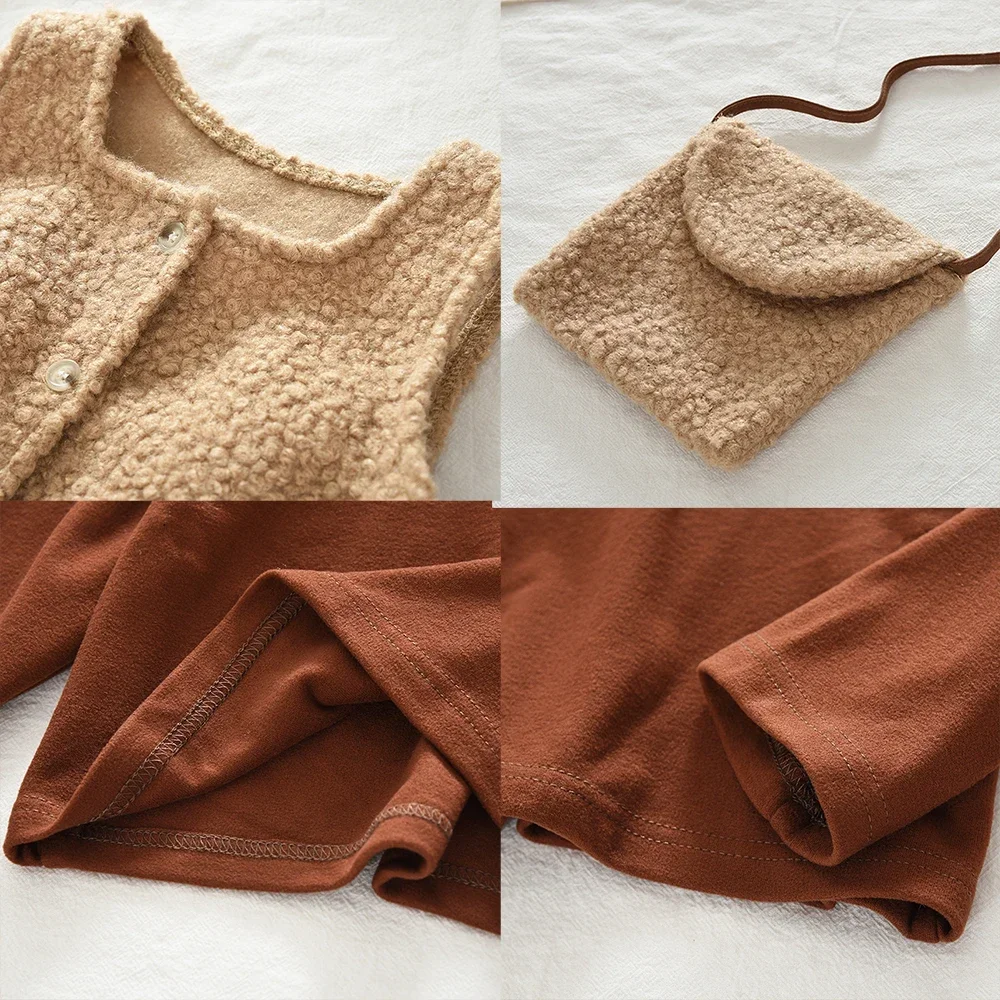 Koreanischer Stil Kinderkleidung 2026 Braunes Langarm-Oberteil für Babymädchen mit Hohem Kragen + Khaki Teddy-Fleece-Weste + Rock + Tasche – Detail 10
