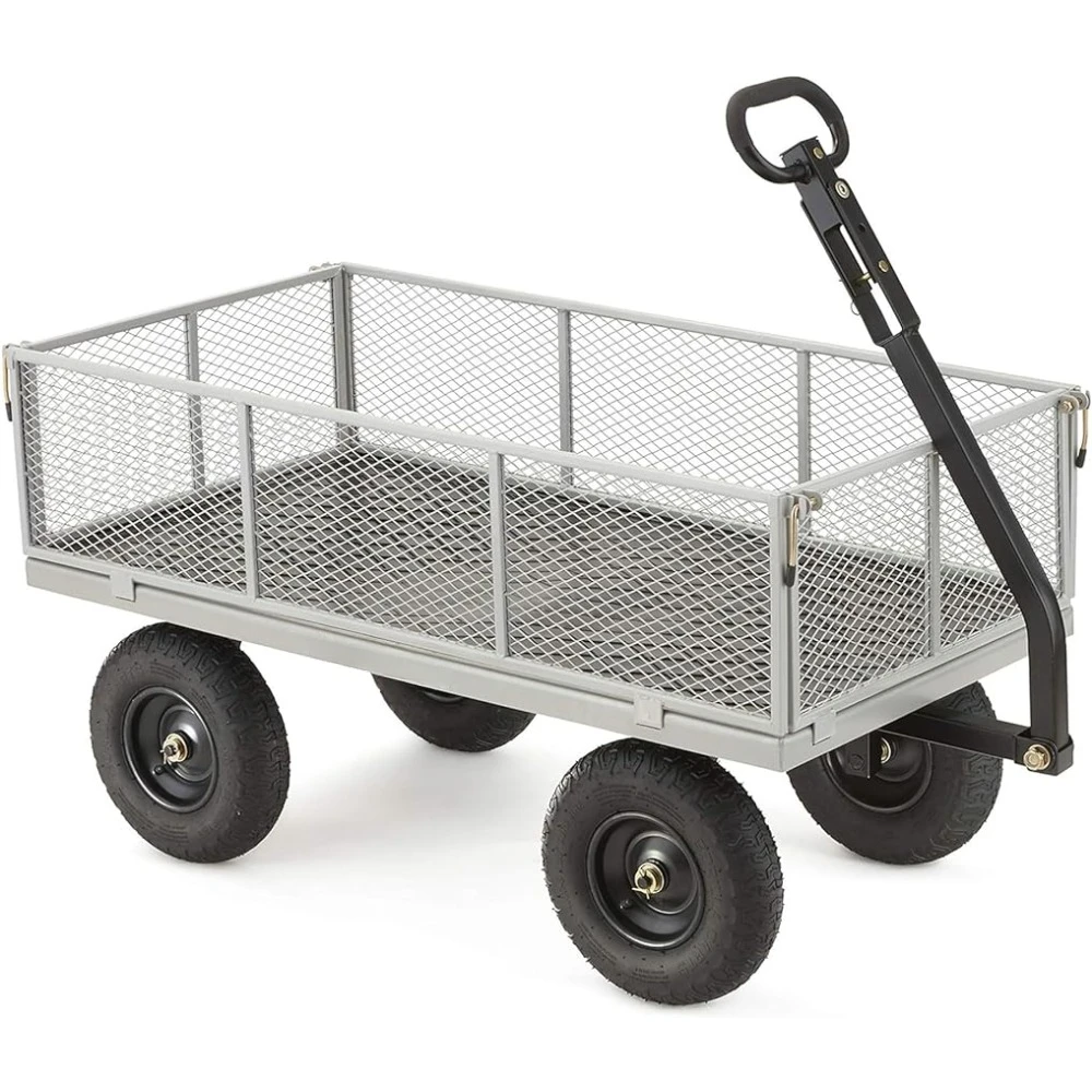 1000 Pound Capacity Heavy Duty Steel Mesh Versatile Utility Wagon Cart With Easy Grip Handle for Outdoor Hauling Gray Trolley