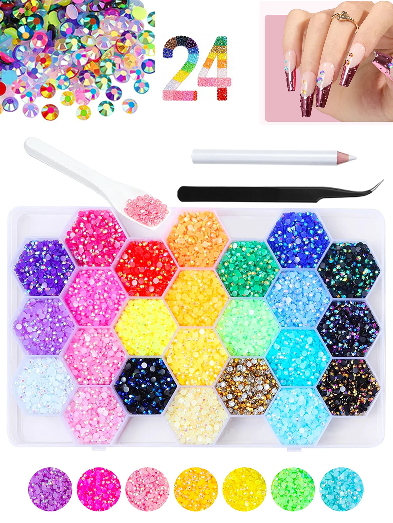 Kit de 24 strass en résine colorés pour le strassage, strass en résine gelée pour kit de strassage, pour l'art diamant et le nail art
