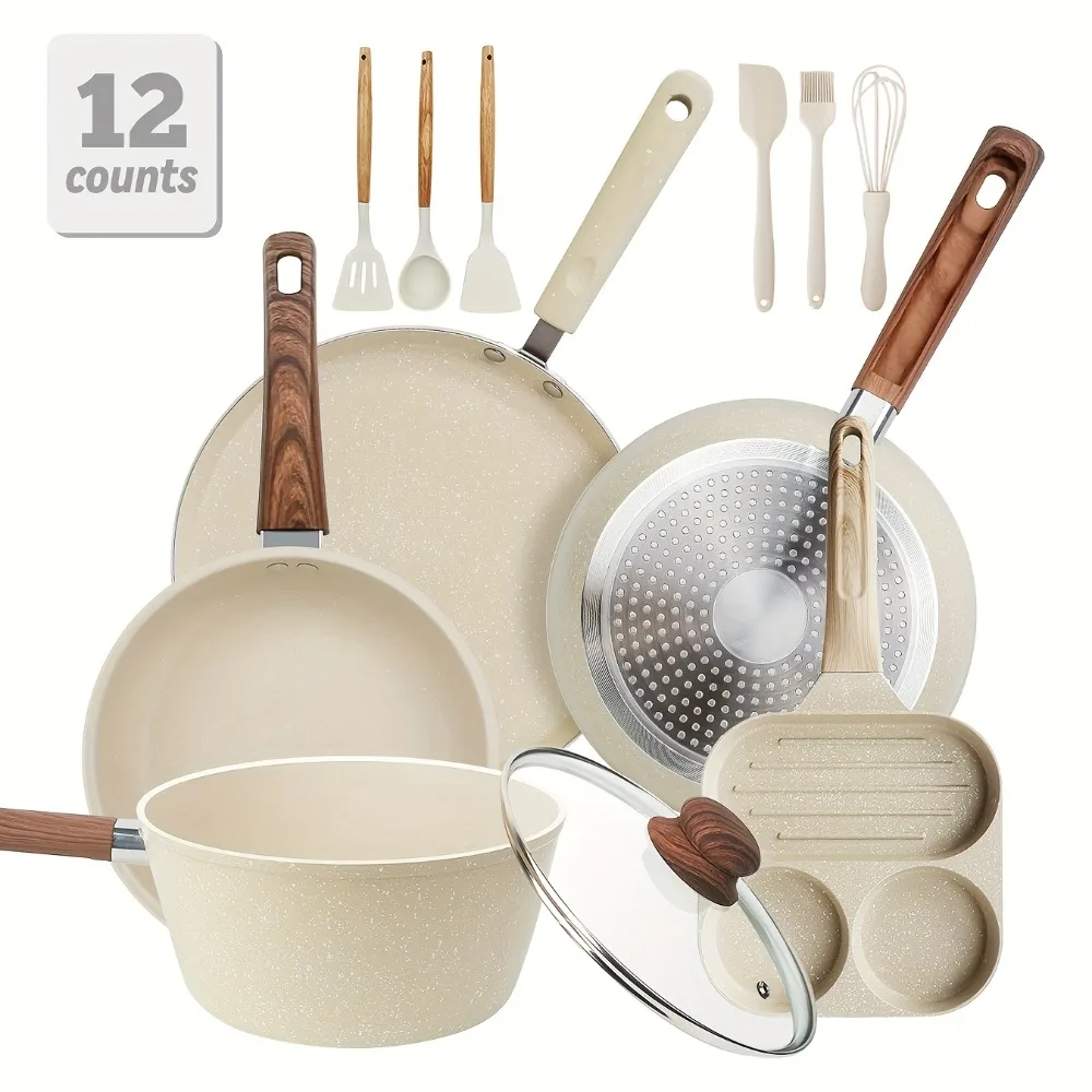

12/15pcs Nonstick Pans Pots Set, Cookware Set with Frying Pan, Saucepan, Gift for Wedding Housewarming, Christmas Gift Box