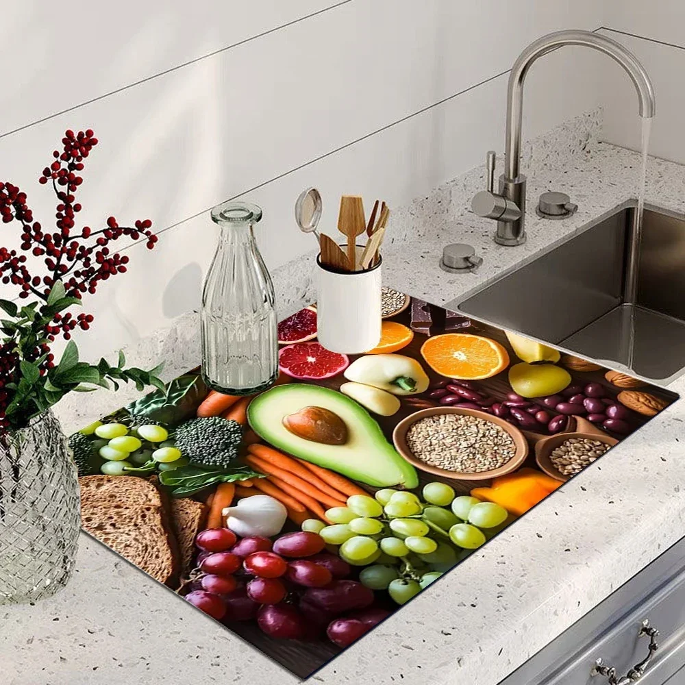 Fruits Mat Absorbent Dish Drying Mat For Kitchen Counter Rubber Backed Coffee Bar Fit Under Espresso Machine