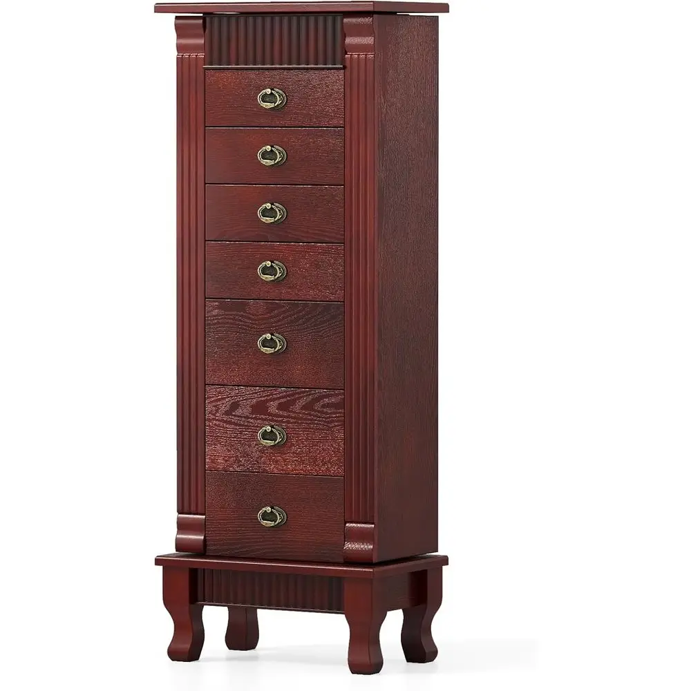Wooden Armoire with 7 Drawers, 2 Side Doors, 12 Hooks, Lift-Up Mirror, Top-Divided Cabinet for Women & Girls in Walnut