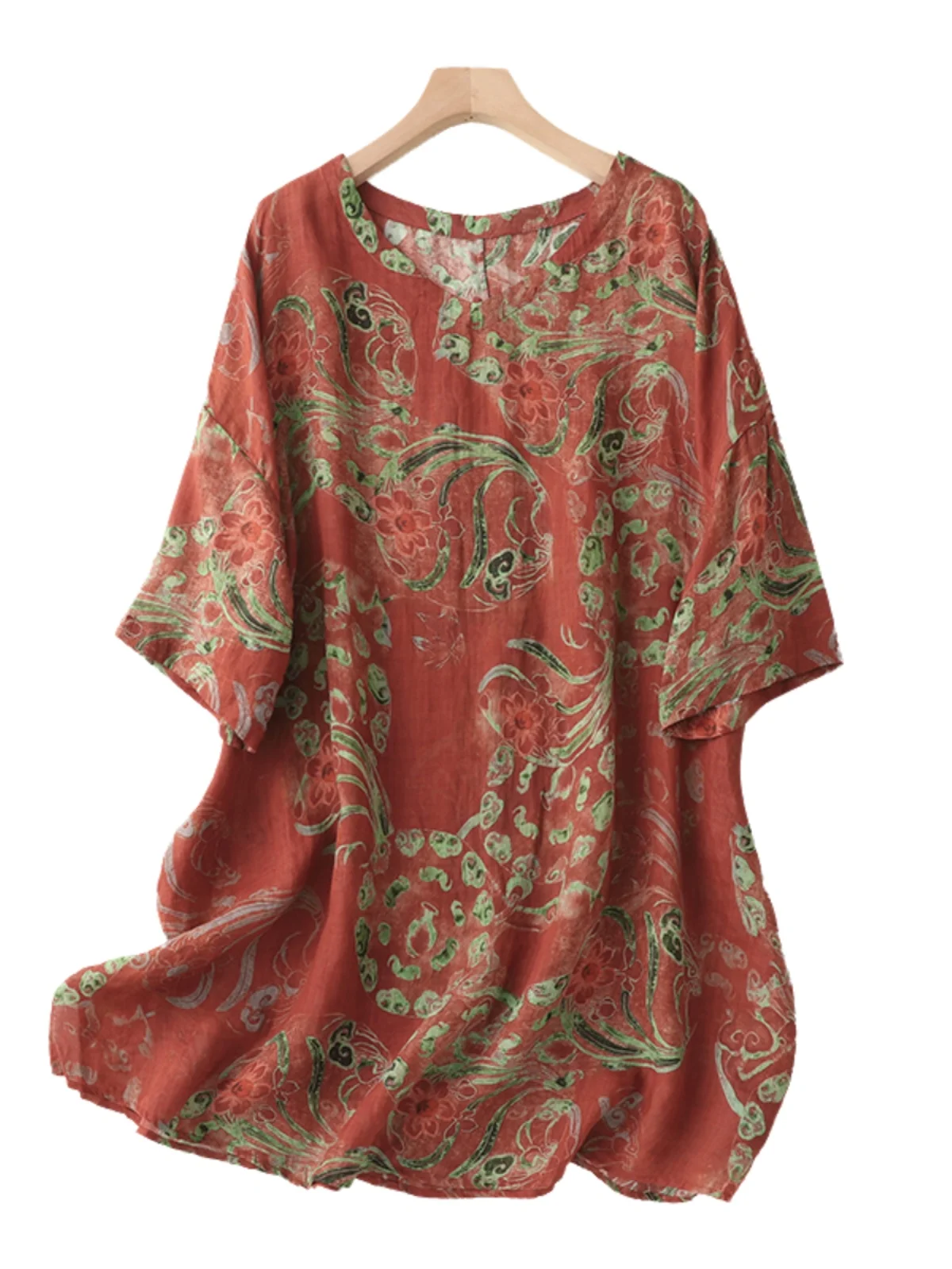 Retro Print Linen T-irt Women's Summer Loose Casual Five-Quarter Sve Thin Cotton Linen irt Top Mid-Length Svel