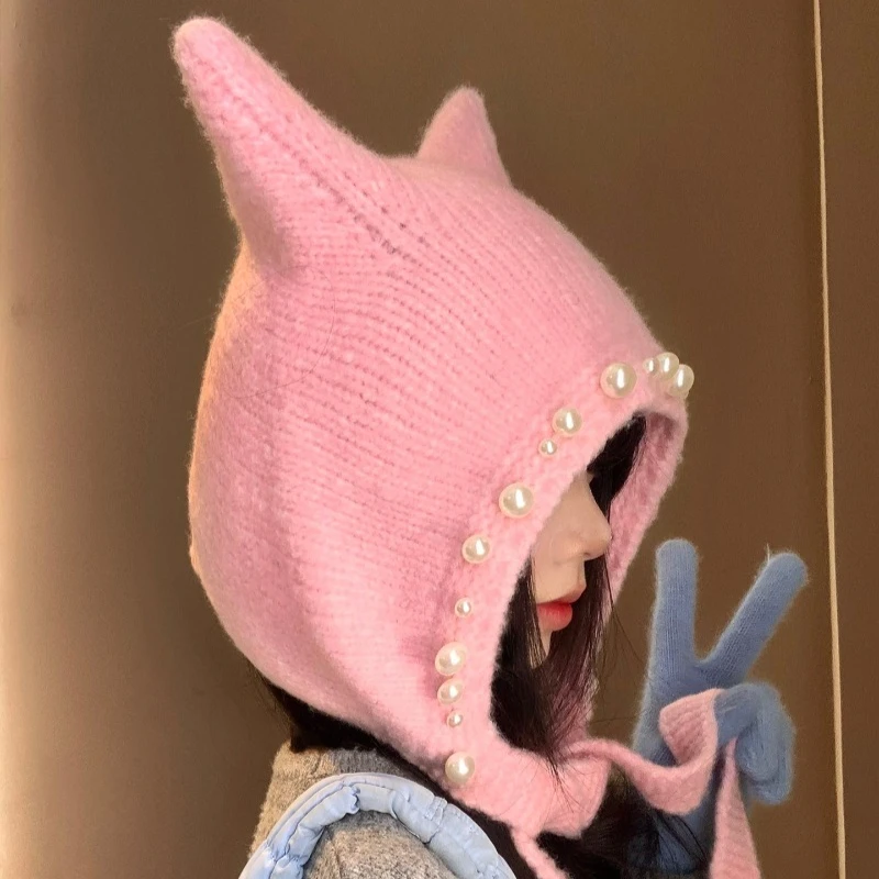 Nische Perlen-Katzenohren-Ohrenschutz-Strickmütze für Damen im Herbst und Winter, niedliche, gesichtszeigende, kleine, warme Bomber-Mütze mit Schnürung – Detail 3