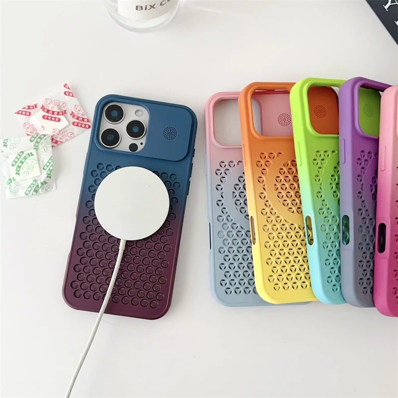 Heat Dissipation Mesh Gradient For Magsafe Wireless Charge Case For iPhone 16 15 14 Plus 12 13 Pro Max Breathable Magnetic Cover