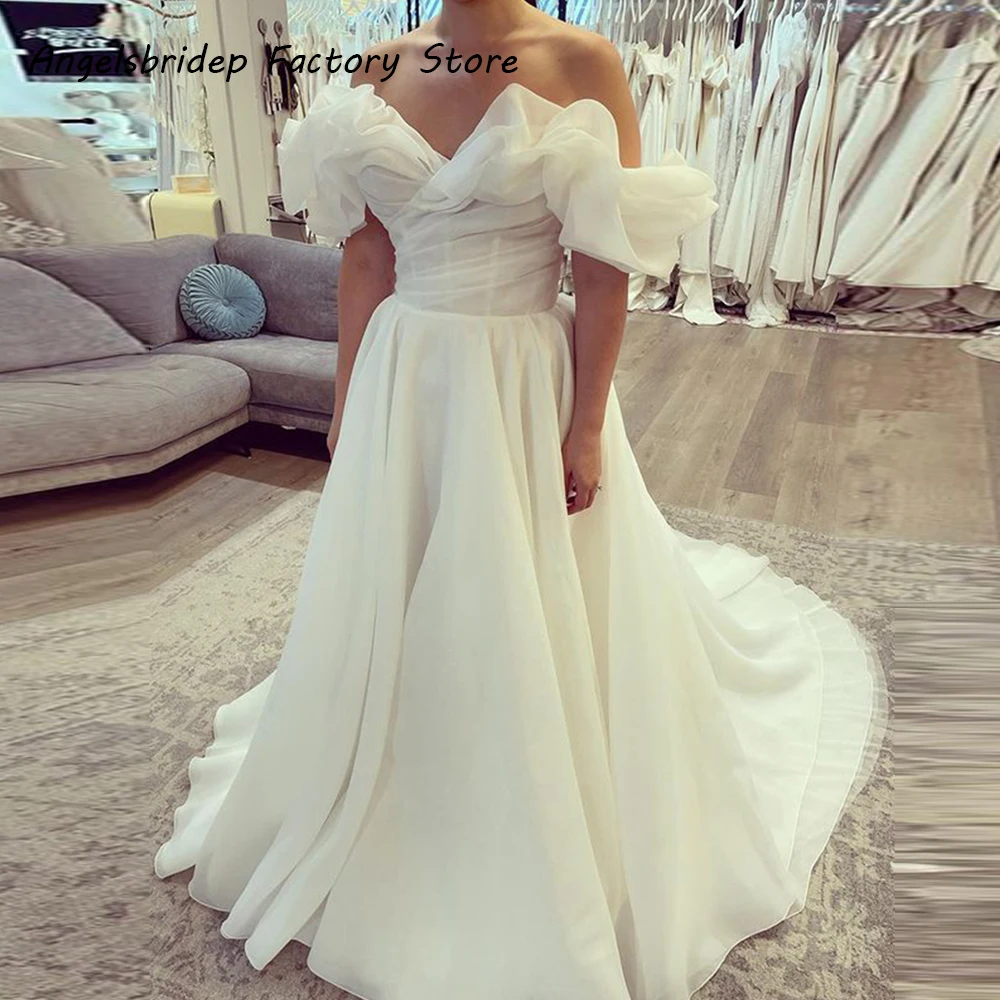 

Angelsbridep New Organza Long Wedding Dress Short Sleeves Off The Shoulder Country Princess Bride Bridal Dresse Robe De Mariée