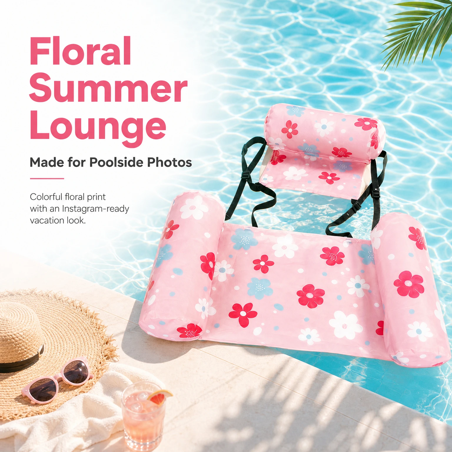 Aufblasbarer Pool-Lounge-Sessel mit Blumenmuster für Erwachsene, dicke PVC-Schwimminsel mit Kopfstütze und Armlehne, faltbarer Wasserliegestuhl