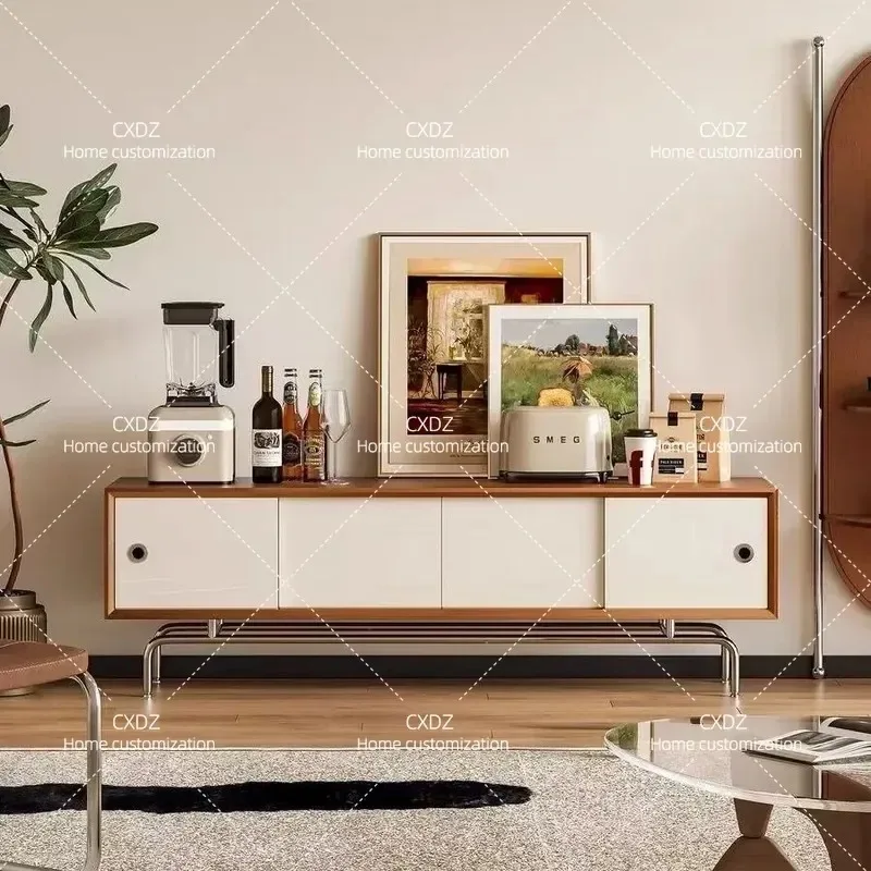 Nordic Solid Wood White TV Cabinet Stainless Steel Sliding Door Floor to Ceiling Audio Visual Cabinet Modern Simple Storage