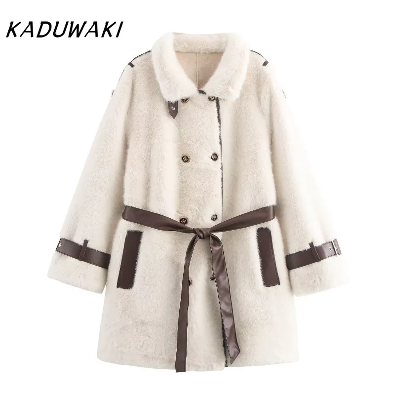 

KADUWAKI Elegant Autumn Women's Chic Temperament Fur Leather Motorcycle Stand Collar Belt Jacket Casual Lady Long Sleeves Coats