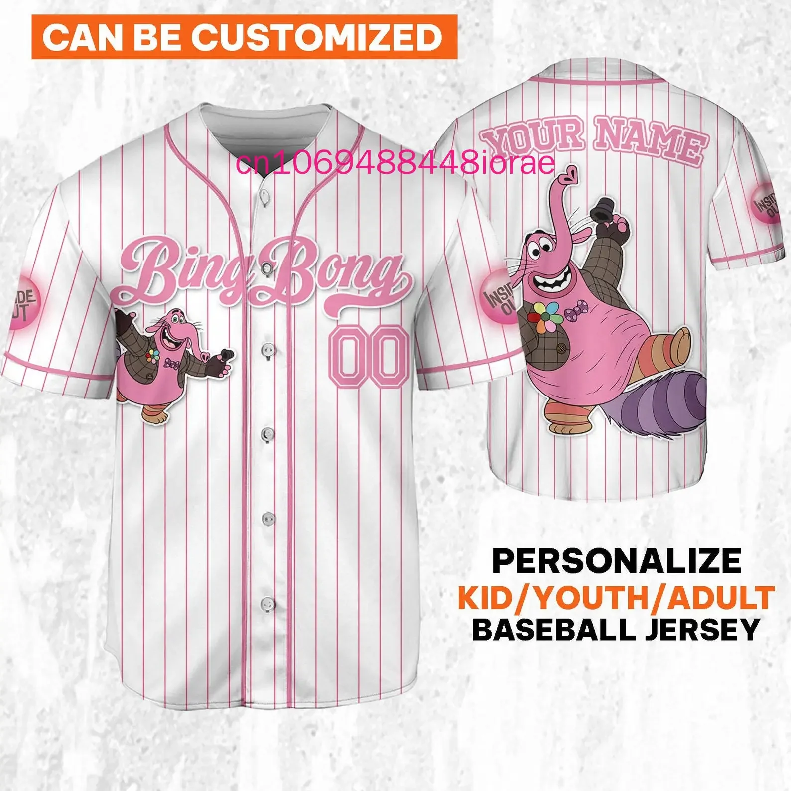 2025 New Custom Disney Inside Out Bing Bong Baseball Jersey 3D Printed Street Harajuku Men's and Women's Kids's Baseball Jersey