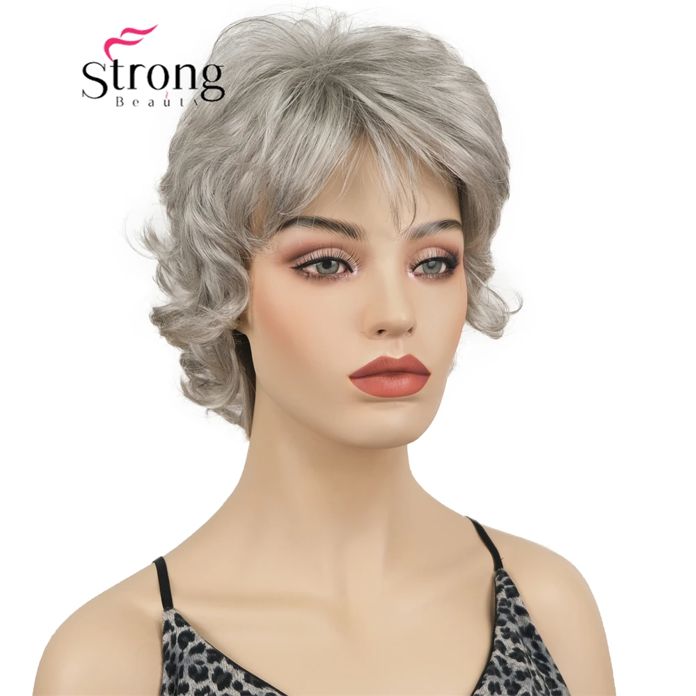 Strongbauty Short Gray Wavy Wigs For Women With Bangs - Synthetic Silver Grey Wavy Wigs For Daily Use