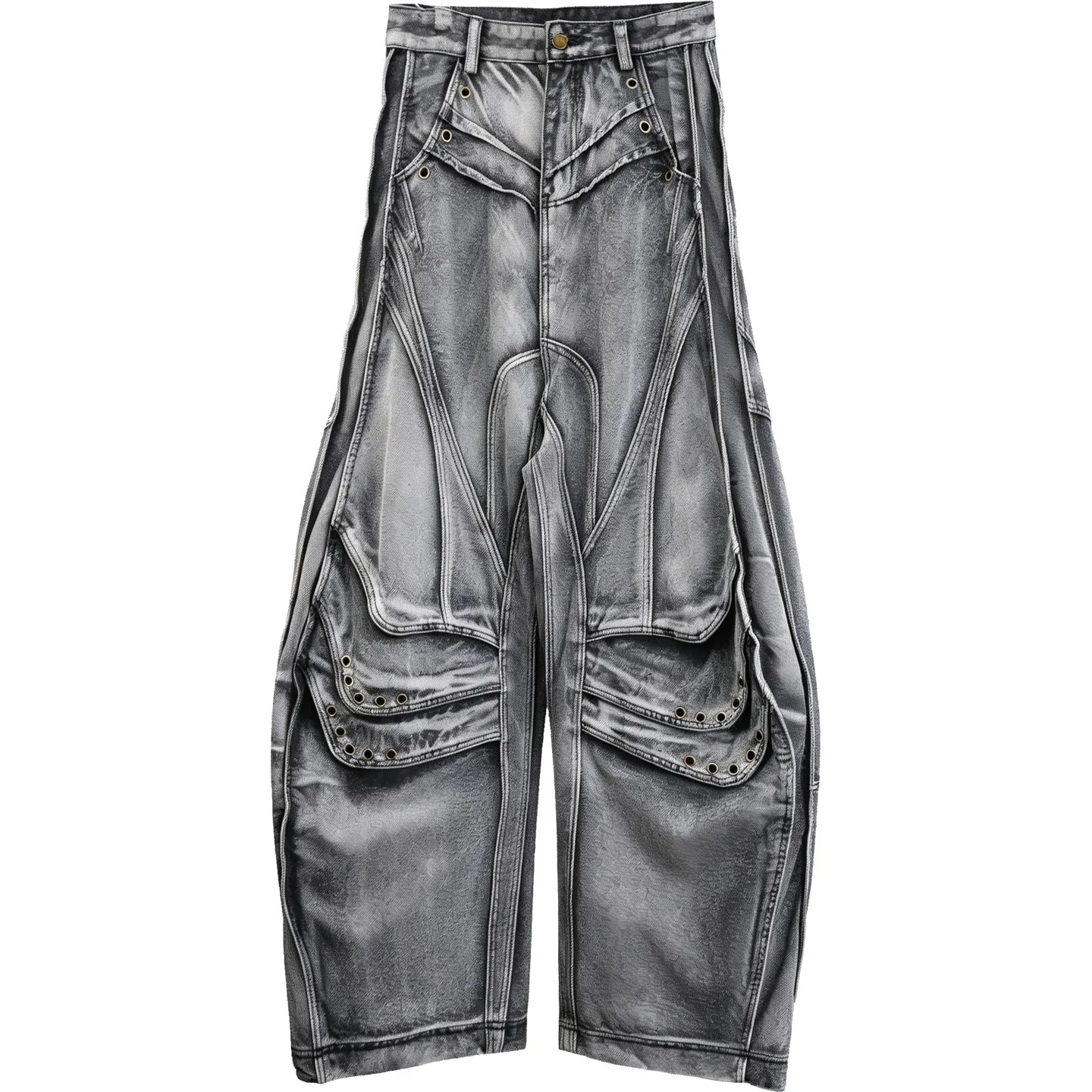 Designer Wasteland-style  mechanical deconstructed jeans, loose wide-leg matchet pants, edgy and cool street-worn mop pants.