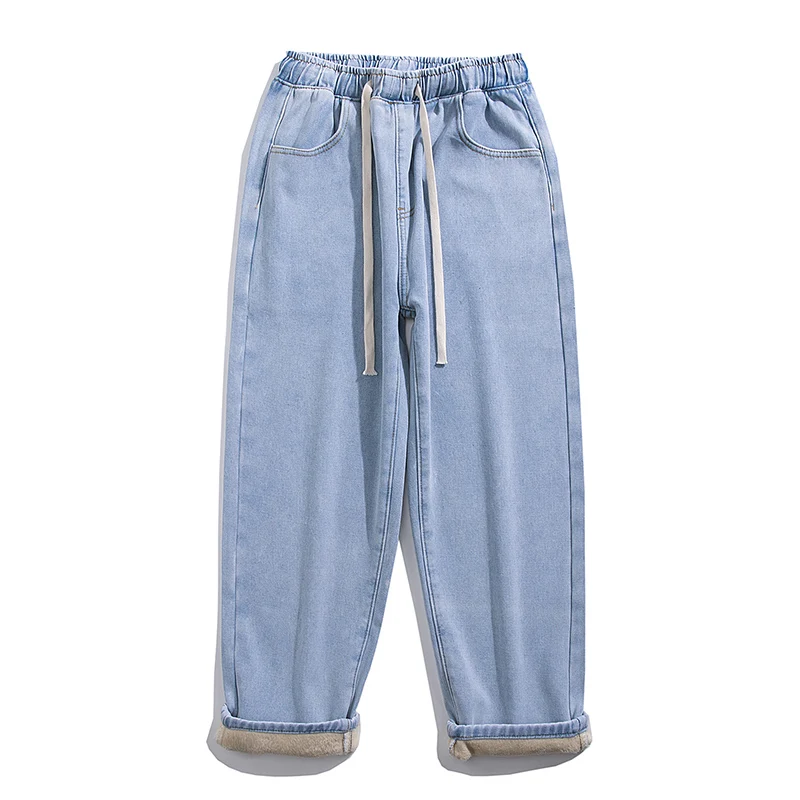 الكلاسيكية الرجال الشتاء سميكة الصوف الجينز الكورية الشارع الهيب هوب فضفاض الساخن المخملية مستقيم الساق واسعة الساق السراويل بناطيل تدفئة أزرق أسود #5