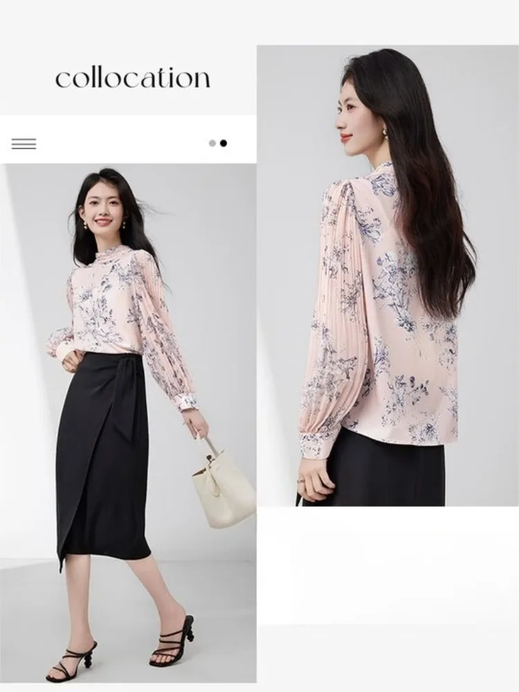 SENTUBILA Women's Elegant Chiffon Blouse 2025 Autumn Long Sleeve Botanical Floral Print Pleated Workwear Office Top 153VB2615