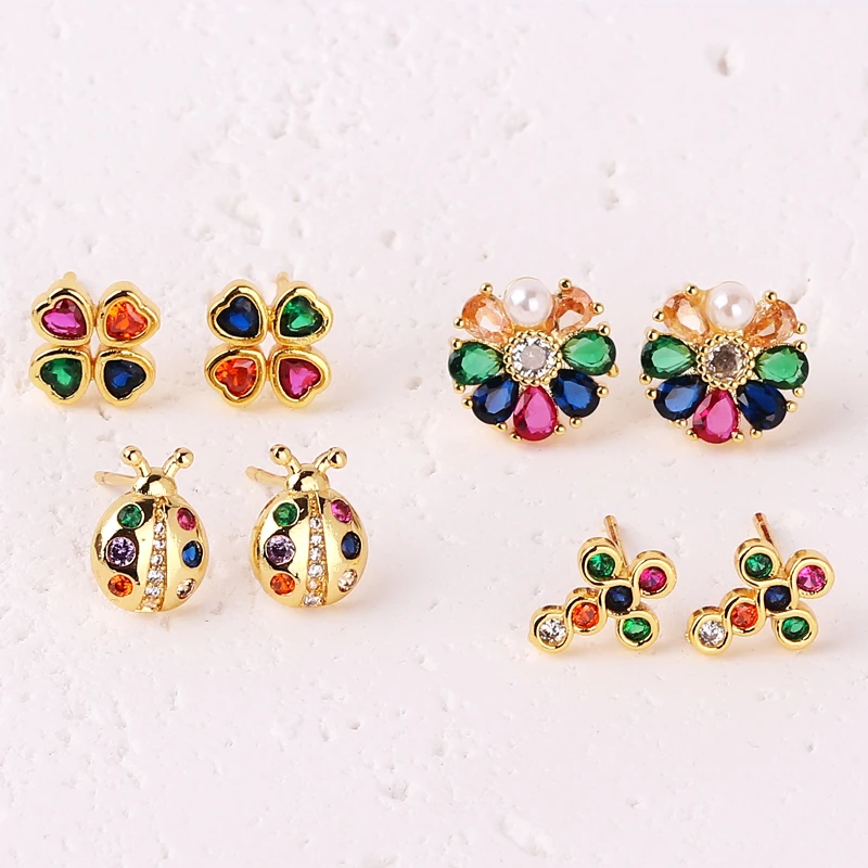 Mini Style Floral Cute Animal Earrings CZ Shiny Crystal Rainbow Zircon Stud Earrings Fashion jewelry for hen party wedding