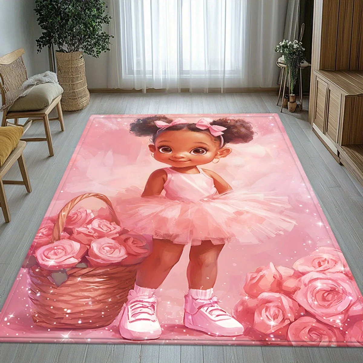 Cute Ballerina Girl Doormat, Pink Tutu Entrance Rug, Roses Floor Mat, Non-slip Kids Room Carpet, Nursery Bedroom Decor