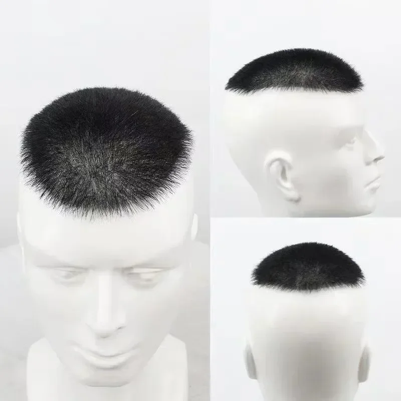 13'X18'cm 100% Human Hair Buzz Cut Toupee for Men Ultra Thin PU Black Topper Transparent Biological Scalp Prosthesis Toupee